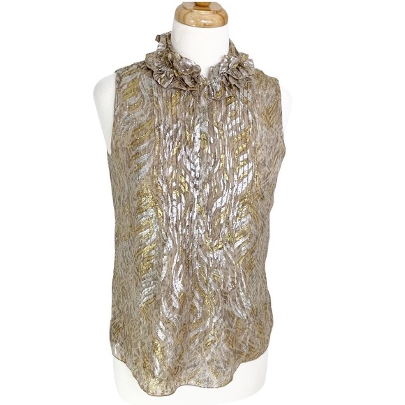 Elie Tahari Tops - Elie Tahari Silk Ruffle Neck Gold Metallic Top S
